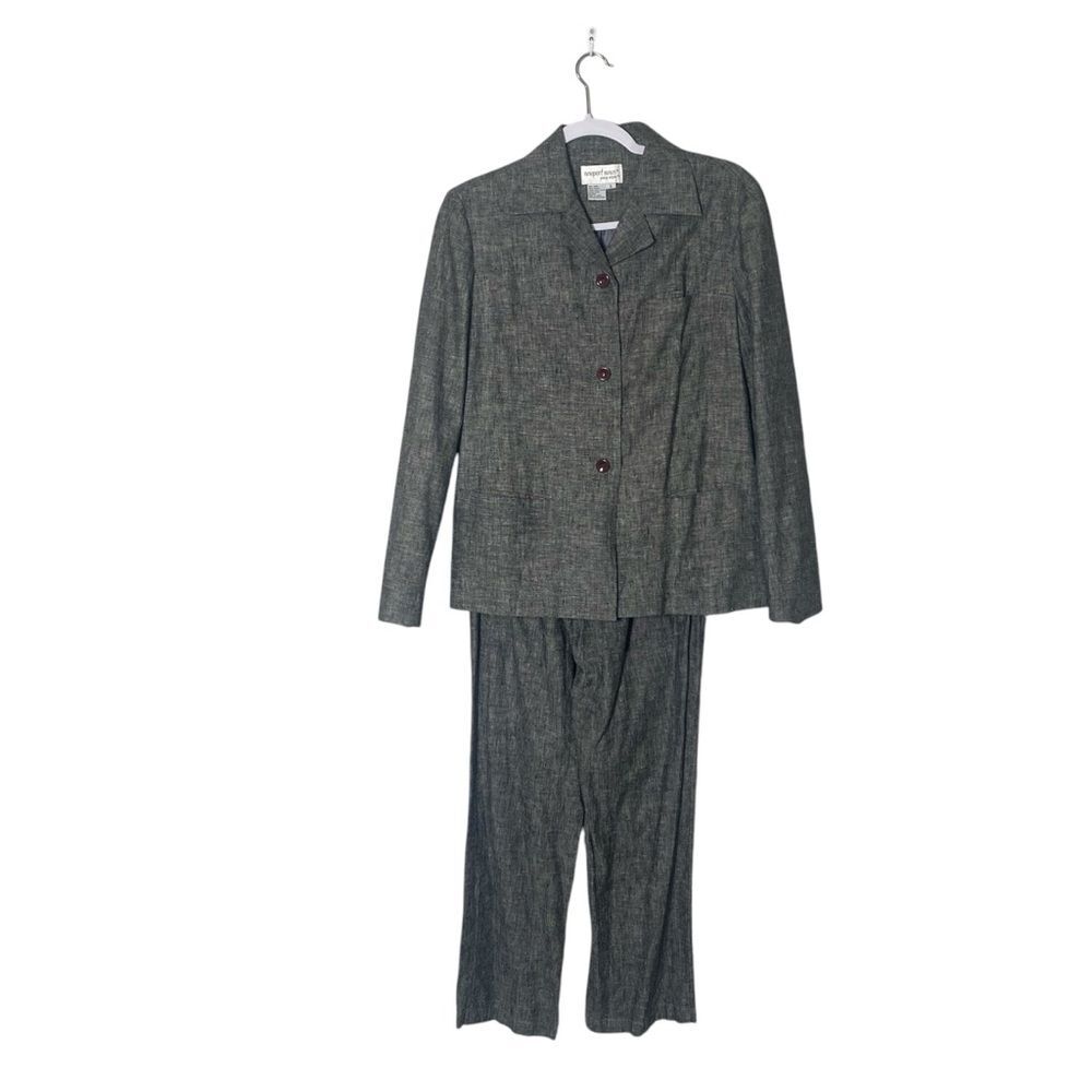 Vintage Newport News Linen/Cotton Blend Dark Gray Blazer/Pants Suit Set
